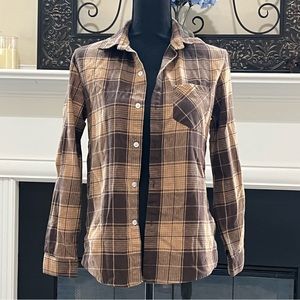Women’s Brown Plaid Long Sleeve Button Up Shirt, Small